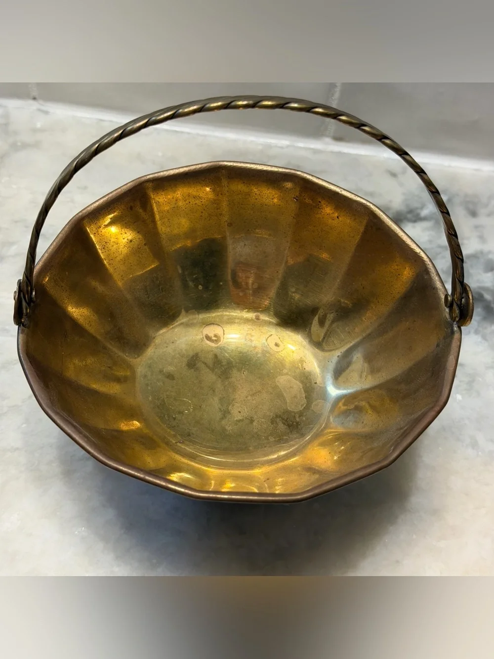 Vintage Solid Brass small basket/candy dish with handle. Patina Made in India